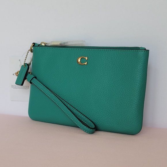 COACH Small Wristlet in Polished Pebbled Leather -Bright Green Color - Picture 5 of 16